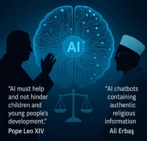 Illustration of AI ethics featuring silhouettes of Pope Leo XIV and Ali Erbaş with their quotes and a digital brain