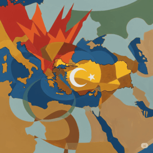 Ortadoğu’daki savaşları ve Türkiye’nin jeopolitik önemini simgeleyen harita temalı soyut görsel