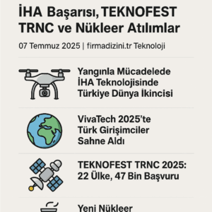 Türkiye’nin Temmuz 2025 teknoloji gündemini gösteren infografik: İHA sistemleri, TEKNOFEST TRNC, VivaTech 2025 ve nükleer santral gelişmeleri.